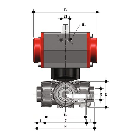 LKDFM/CP DA - Válvula de bola DUAL BLOCK® de 3 vías DN 10:50 de accionamiento neumático
