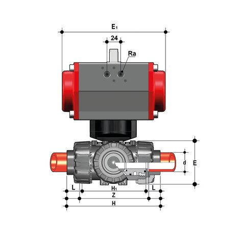 LKDIM/CP DA - Válvula de bola DUAL BLOCK® de 3 vías DN 10:50 de accionamiento neumático