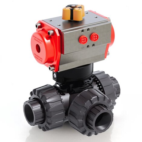 TKDGV/CP DA - Válvula de bola DUAL BLOCK® de 3 vías DN 10:50 de accionamiento neumático