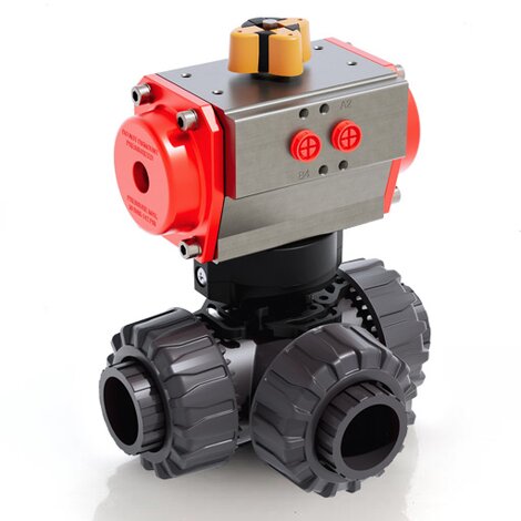 TKDIV/CP DA - Válvula de bola DUAL BLOCK® de 3 vías DN 10:50 de accionamiento neumático