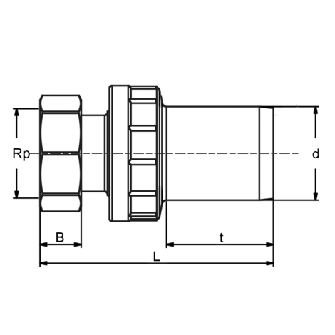 Adaptador universal HDPE/latón con tuerca de recorrido y rosca hembra