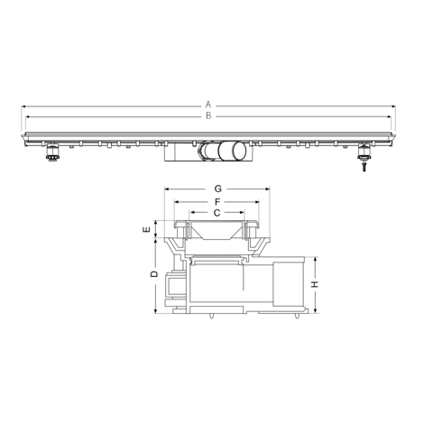 Canaleta Linnum con rejilla para plato de ducha de obra. Altura reducida. Sifón 30 mm. Ancho 50 mm. Salida orientable. Rejilla Classic. CERCO VISIBLE