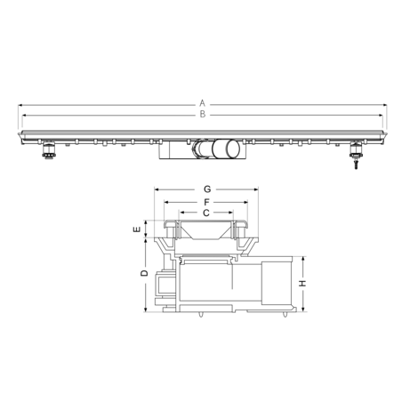 Canaleta Linnum para plato de ducha de obra. Altura reducida. Ancho 50 mm. Sifón 30 mm. Salida orientable. SIN REJILLA. CERCO VISIBLE