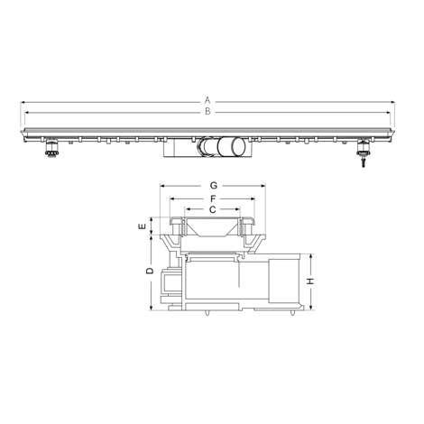 Canaleta Linnum para plato de ducha de obra. Altura reducida. Ancho 50 mm. Sifón 30 mm. Salida encolar. SIN REJILLA. CERCO VISIBLE