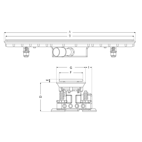 Canaleta Linnum para plato de ducha de obra. SIN REJILLA. Salida orientable. Sifón 50 mm. Ancho 50 mm. CERCO VISIBLE