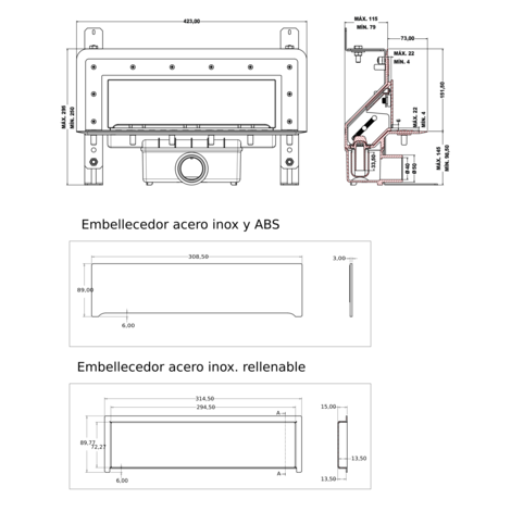 Sumidero vertical de pared. Sifón 30 mm. Salida frontal encolar 40H - 50M
