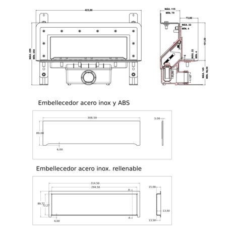 Sumidero vertical de pared. Sifón 30 mm. Salida frontal orientable 40/50M