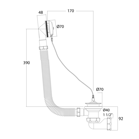 Desagüe bañera flexible, salida horizontal NO SIFÓNICA, orientable con tuerca Ø40