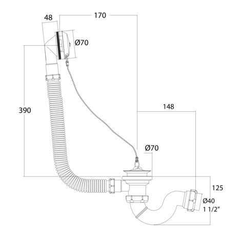 Desagüe bañera sifonico flexible, salida orientable con tuerca Ø40
