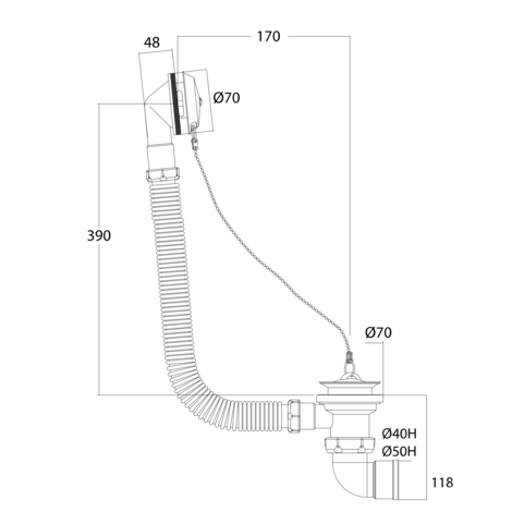 Desagüe bañera flexible, salida horizontal orientable NO SIFÓNICA, PVC encolar.