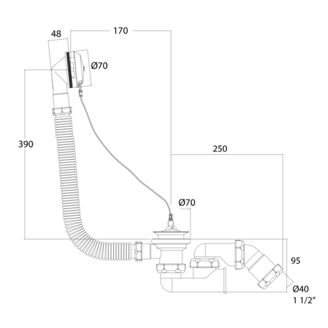 Desagüe bañera sifonico flexible autolimpiante, salida orientable con tuerca Ø40