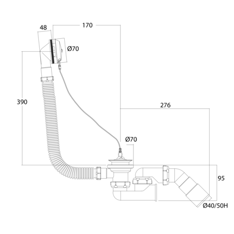 Desagüe bañera sifonico flexible autolimpiante, salida orientable Ø40, Ø50