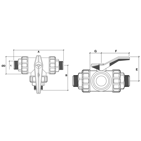 Válvula esfera 3 vías r/macho