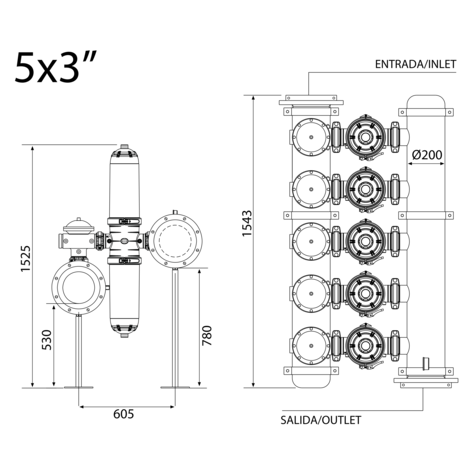 Batería filtrado automático doble cuerpo 5 X 3“ -ANILLAS