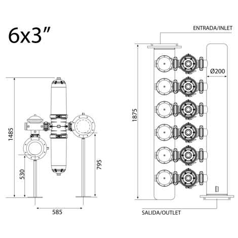 Batería filtrado automático doble cuerpo 6 X 3“ -ANILLAS