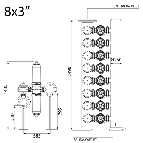 Batería filtrado automático doble cuerpo 8 X 3“ -ANILLAS