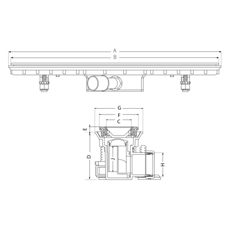 Canaleta Linnum para plato de ducha de obra. SIN REJILLA. Salida orientable. Sifón 50 mm. Ancho 50 mm. CERCO OCULTO