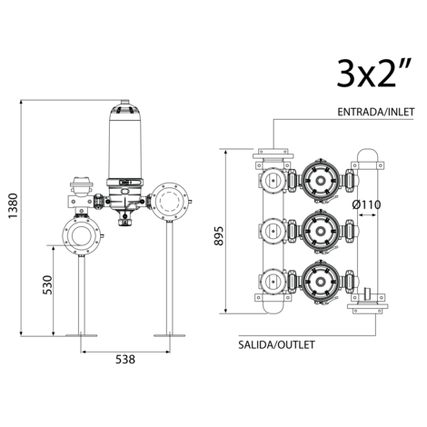 Batería de filtros retrolavado manual 3 x 2“