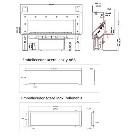 Sumidero vertical de pared. Sifón 50 mm. Salida lateral encolar 40H - 50M y lámina impermeabilizante