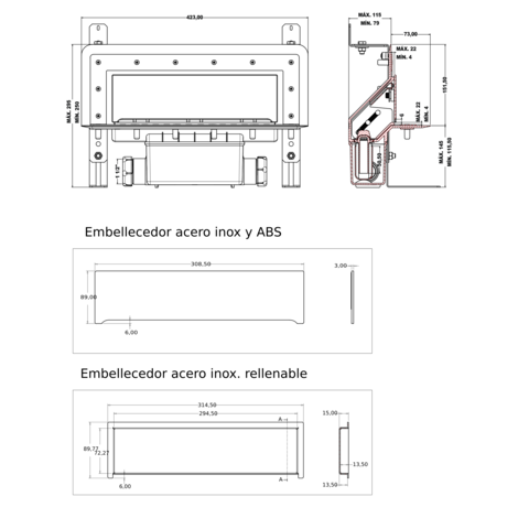Sumidero vertical de pared. Sifón 50 mm. Salida lateral orientable 40/50M y lámina impermeabilizante