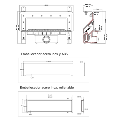 Sumidero vertical de pared. Sifón 30 mm. Salida frontal orientable 40/50M y lámina impermeabilizante