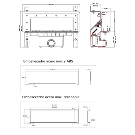 Sumidero vertical de pared. Sifón 50 mm. Salida frontal orientable 40/50M y lámina impermeabilizante