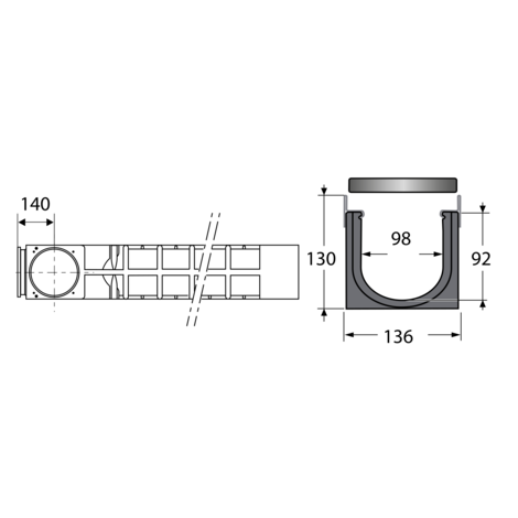 Canaleta reforzada con protección de acero galvanizado con 2 rejillas de fundición. Altura 130, clase C-250