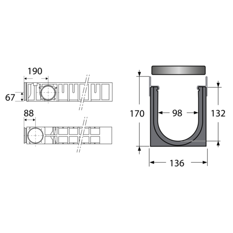 Canaleta reforzada con protección de acero galvanizado con 2 rejillas de fundición. Altura 170, clase C-250