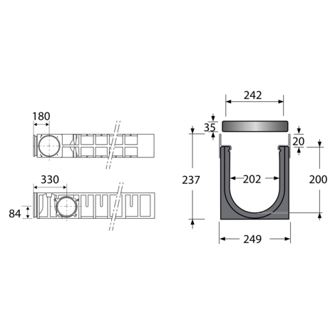 Canaleta reforzada con protección de acero galvanizado con 2 rejillas de fundición. Ancho 200, clase C-250