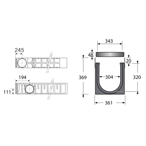 Canaleta reforzada con protección de acero galvanizado con 2 rejillas de fundición. Ancho 300, clase D-400