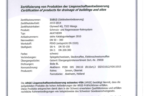 Certificado AKASISON - Swiss Quality Gebaeudeentwaeserung Switzerland