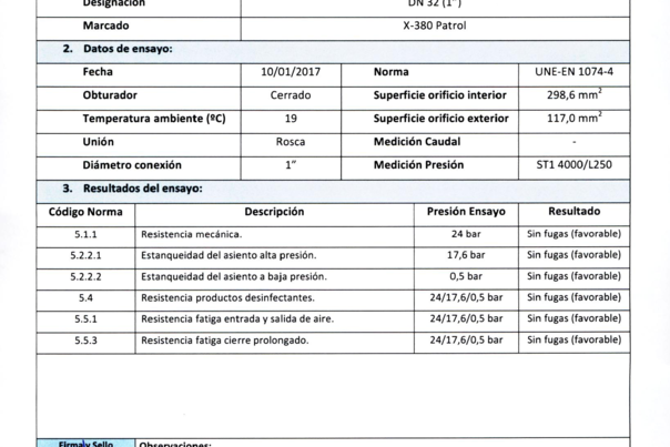Certificado X-380 Ventosa Patrol  UNE-E-1074-4