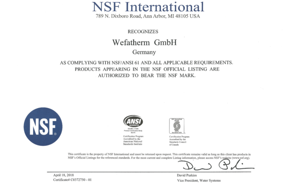 Certificado NSF_ANSI 61 Wefatherm GmbH Recognition