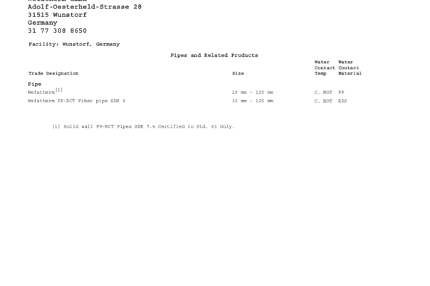 Certificado NSF_ANSI 61 Wefatherm PP-RCT Fiber SDR 9  Listing