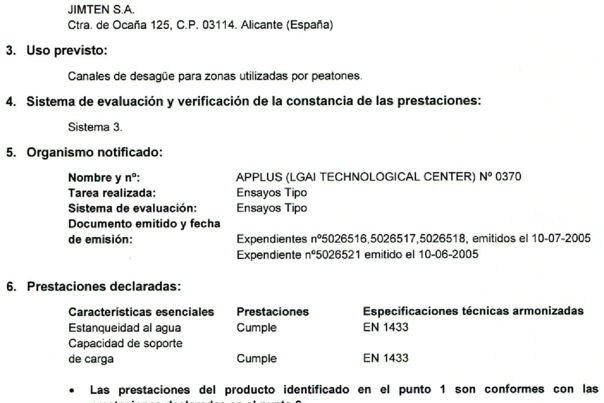 Declaracion de Prestaciones EU-CE  Rejillas y canaletas