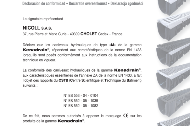 Certificado Marcado CE canaletas uso publico KENADRAIN