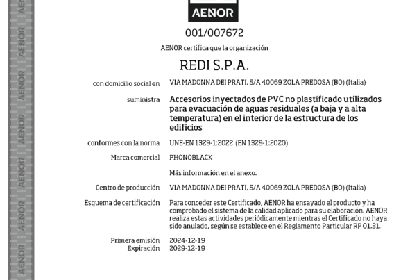 Certificado – AENOR – EN 1329‑1 – 001/007672 – Phonoblack accesorios PVC‑U