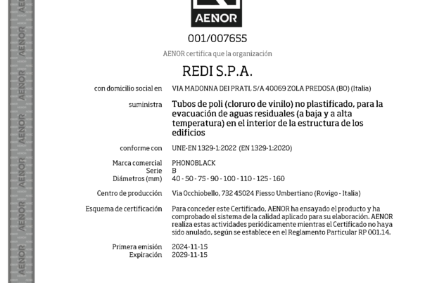 Certificado – AENOR – EN 1329‑1 – 001/007655 – Phonoblack tuberías PVC‑U