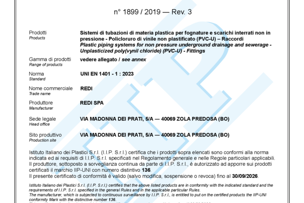 Certificado IIP‑UNI – EN 1401‑1 (1899/2019)