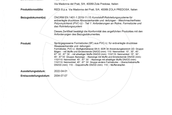 Certificado ÖNORM – EN 1401‑1 (REDI)
