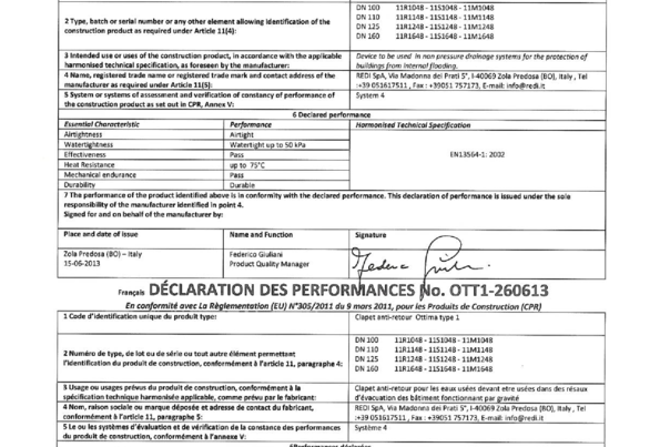Declaración de Prestaciones (DoP) – Ottima Type 1 (OTT1‑260613)
