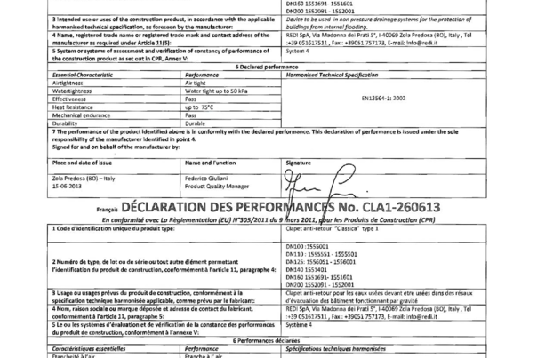 Declaración de Prestaciones (DoP) – CLASSICA Type 1