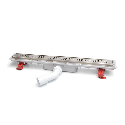 Canaleta Linnum con rejilla para plato de ducha de obra. Altura reducida. Sifón 30 mm. Ancho 50 mm. Salida orientable. Rejilla Classic. CERCO OCULTO