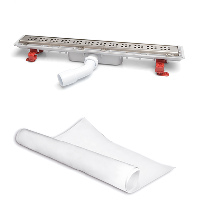 Canaleta Linnum con rejilla para plato de ducha de obra. Altura reducida. Sifón 30 mm. Ancho 50 mm. Salida orientable. Rejilla Classic. CERCO OCULTO y tela impermeabilizante