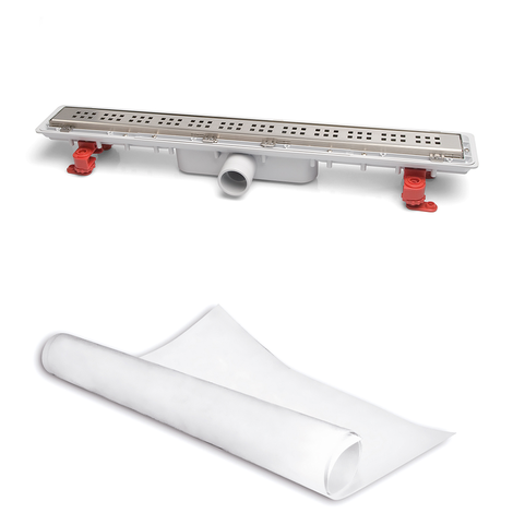 Canaleta Linnum con rejilla para plato de ducha de obra. Altura reducida. Sifón 30 mm. Ancho 50 mm. Rejilla Classic. CERCO OCULTO y lámina impermeabilizante