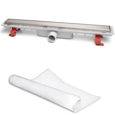 Canaleta Linnum con rejilla para plato de ducha de obra. Altura reducida. Sifón 30 mm. Ancho 50 mm. Salida encolar. Rejilla Soft. CERCO OCULTO y lámina impermeabilizante