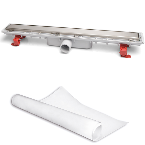 Canaleta Linnum con rejilla para plato de ducha de obra. Altura reducida. Sifón 30 mm. Ancho 50 mm. Salida encolar. Rejilla Soft. CERCO OCULTO y lámina impermeabilizante