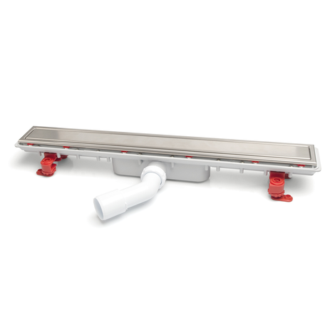 Canaleta Linnum con rejilla para plato de ducha de obra. Altura reducida. Sifón 30 mm. Ancho 50 mm. Salida orientable. Rejilla Soft. CERCO VISIBLE y lámina impermeabilizante