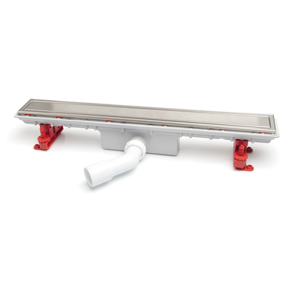 Canaleta Linnum para plato de ducha de obra. Sifón 50 mm. Salida orientable. Ancho 50 mm. Rejilla SOFT. CERCO VISIBLE y tela impermeabilizante