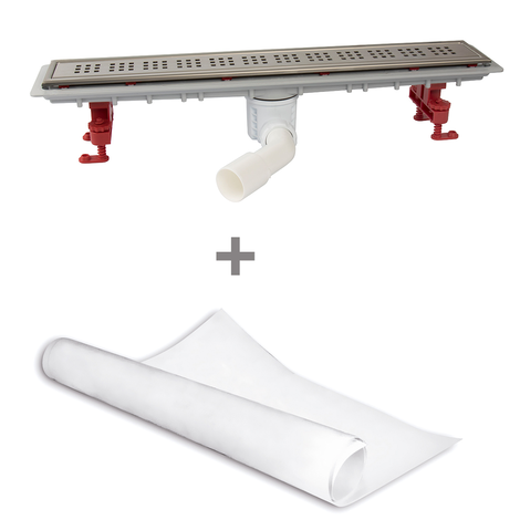 Canaleta Linnum para plato de ducha de obra. Salida orientable.Sifón 50 mm.  Ancho 70. Rejilla CLASSIC. CERCO VISIBLE y tela impermeabilizante